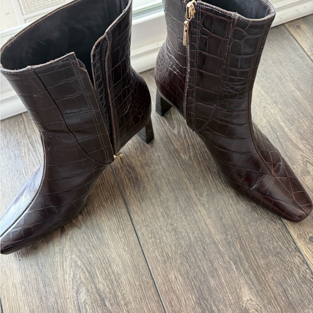 Larroude Croc-Embossed Pointed Ankle Boots in Dark Brown